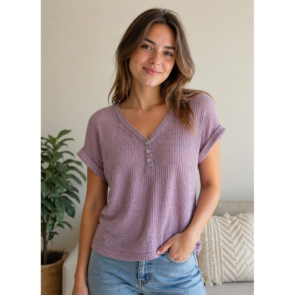 Emery Rose Womens Waffle Knit Henley Top S Purple V-Neck Short Sleeve Tee Casual